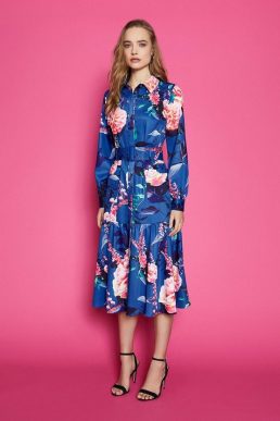 Coast Dirndl Shirt Belted Sleeve Dress Blue Multi