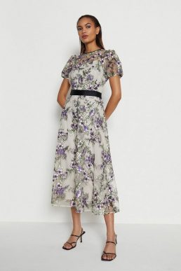 Coast Embroidered Floral Midi Dress White Purple