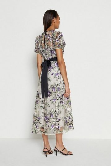 Coast Embroidered Floral Midi Dress, White/Purple - Image 2