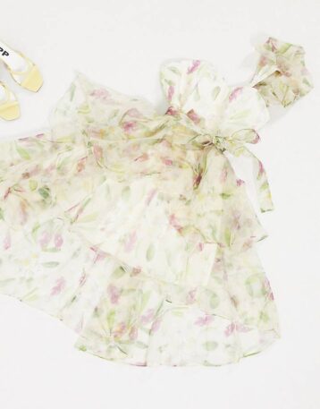 Forever U organza prom dress in floral print, Cream/Multi