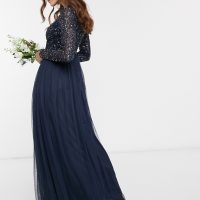 Maya petite bridesmaid long sleeve maxi tulle deals dress with tonal delicate sequins in taupe blush