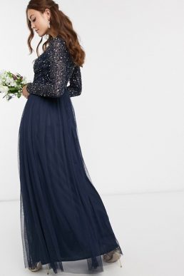 Maya Bridesmaid long sleeve maxi tulle dress with tonal delicate sequins in navy