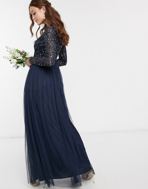 Maya Bridesmaid long sleeve maxi tulle dress with tonal delicate sequins in navy Bridesmaid Dresses