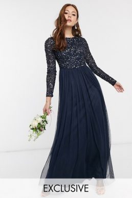 Maya Bridesmaid long sleeve maxi tulle dress with tonal delicate sequins in navy