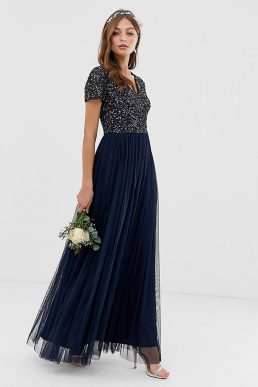 Maya Bridesmaid V neck maxi dress with delicate sequin in navy