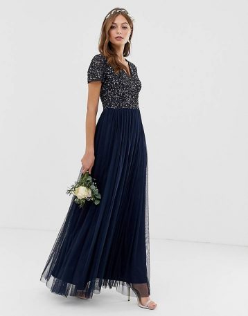 Maya Bridesmaid V neck maxi dress with delicate sequin in navy