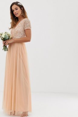 Maya Bridesmaid V neck maxi dress with delicate sequin in soft peach