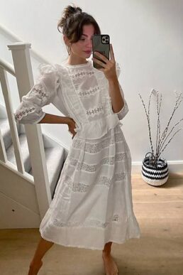 Object midi dress with lace inserts in white