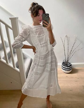 Object midi dress with lace inserts in white