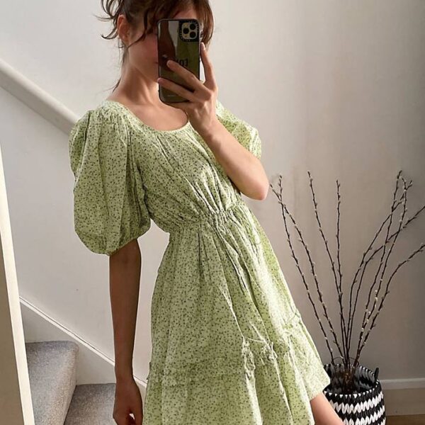 green ditsy print dress