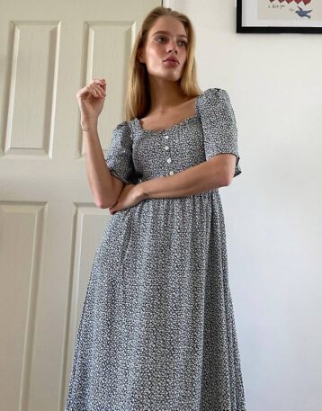 & Other Stories ditsy floral print smocked back maxi dress in black white