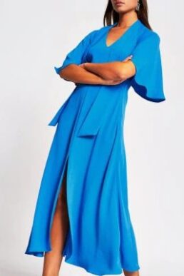 River Island Blue pussybow waisted midi dress