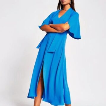 River Island Blue pussybow waisted midi dress