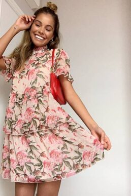 River Island floral tiered mini smock dress in pink multi