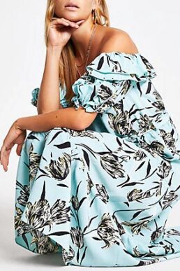River Island Green floral tie belted bardot midi dress Blue
