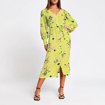 River Island Lime green floral tie waist midi dress Multi