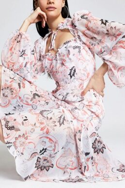 River Island Pink printed frill tie neck midi dress, Multi