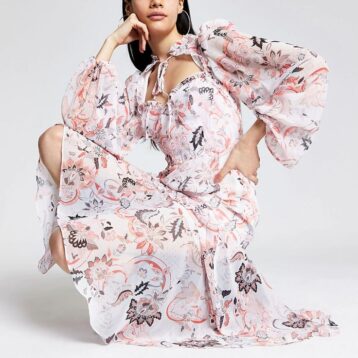 River Island Pink printed frill tie neck midi dress, Multi