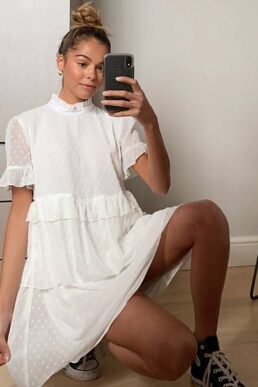 River Island tiered mini smock dress in white