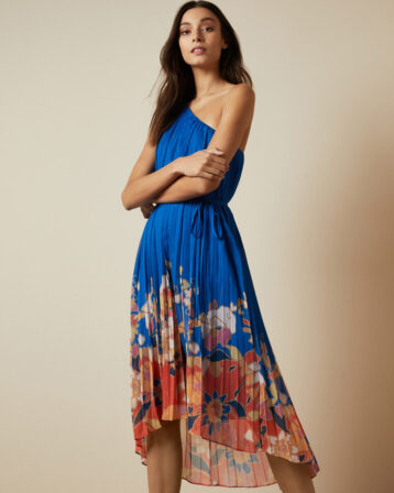 Ted Baker DAHLARI Cabana pleated one shoulder midi dress Blue Multi