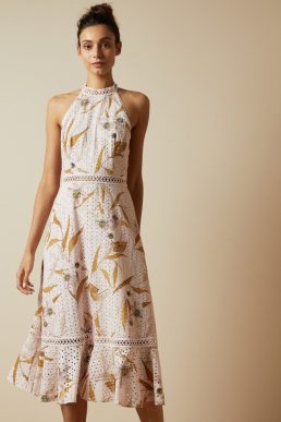 Ted Baker Floral Jacquard V Neck Midi Dress Light Pink Multi