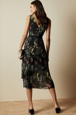 Ted Baker MALINAE Highland tiered pleated midi dress Black Multi