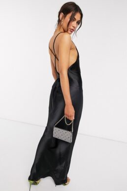 ASOS DESIGN cami maxi slip dress in high shine satin with lace up back Black
