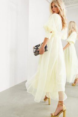 ASOS EDITION blouson sleeve midi dress in organza check Pale Lemon