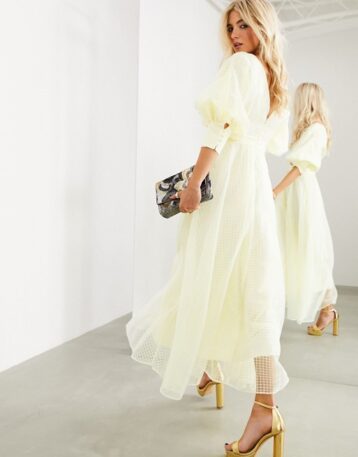 ASOS EDITION blouson sleeve midi dress in organza check Pale Lemon