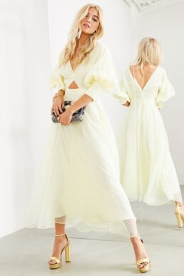 ASOS EDITION blouson sleeve midi dress in organza check Pale Lemon