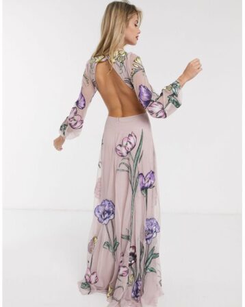 ASOS EDITION maxi dress with cut out back and oversized floral embroidery, Pink/Multi - Image 2