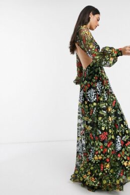 ASOS EDITION summer floral embroidered maxi dress open back Black Multi