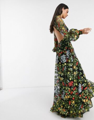 ASOS EDITION summer floral embroidered maxi dress open back Black Multi