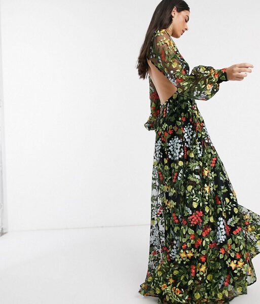black floral embroidered maxi dress