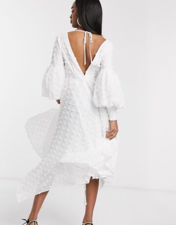 ASOS EDITION volume sleeve midi dress in textured spot, White - Image 2