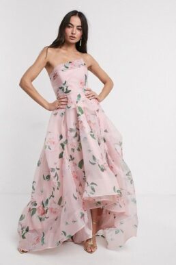 Bariano full maxi dress with organza bust detail in multi floral, Pink/Blush/Multi