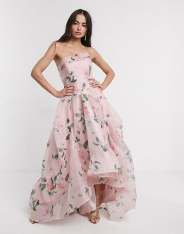 Bariano full maxi dress with organza bust detail in multi floral, Pink/Blush/Multi