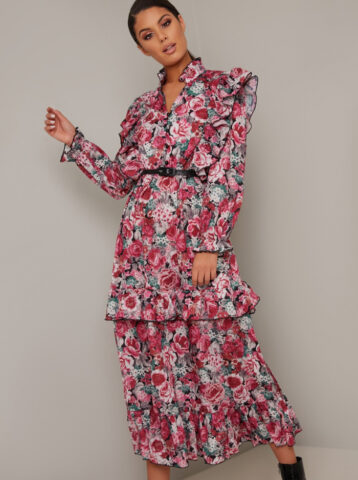 Chi Chi Zandria Floral Print Sleeve Dress Pink Black Multi