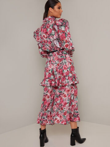 Chi Chi Zandria Floral Print Sleeve Dress, Pink/Black/Multi - Image 2