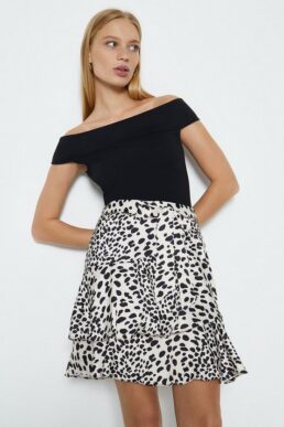 Coast Animal Print Ruffle Satin Short Skirt Black White