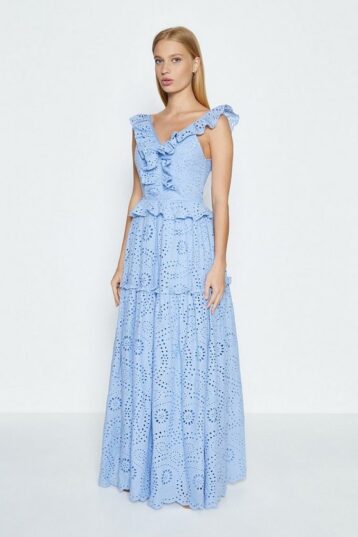 Coast Broderie Tiered Frill Maxi Dress Light Blue