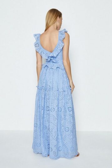 Coast Broderie Tiered Frill Maxi Dress, Light Blue - Image 2
