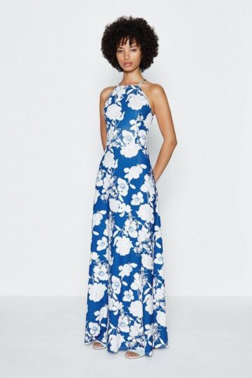 Coast Halter Floral Printed Maxi Dress, Blue/White - myonewedding.co.uk