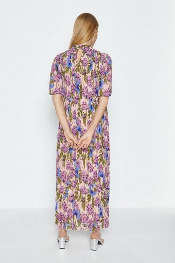 Coast High Neck Floral Print Midi Dress Pink Blue