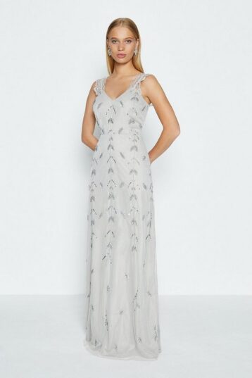 Coast Lace Strap Embellished Maxi Dress Silver