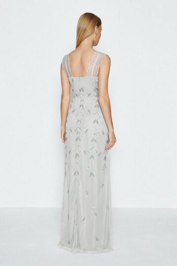 Coast Lace Strap Embellished Maxi Dress Silver