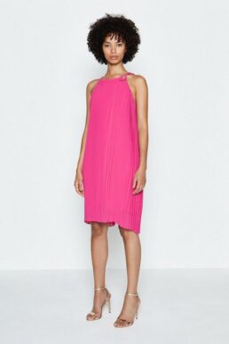 Coast Pleated Tie Neck Mini Shift Dress Hot Pink