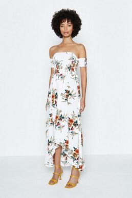 Coast Shirred Bodice Bardot Dress White Multi