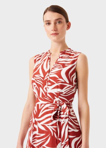 Hobbs Shelley Printed Belted Dress Rust Ivory