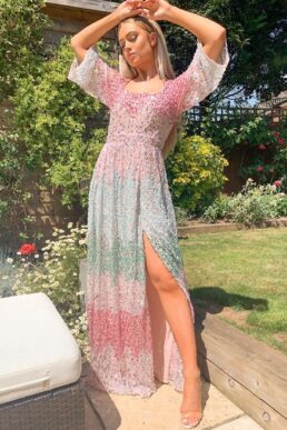 Maya contrast embellished square neck maxi dress with fluted sleeve detail in multi